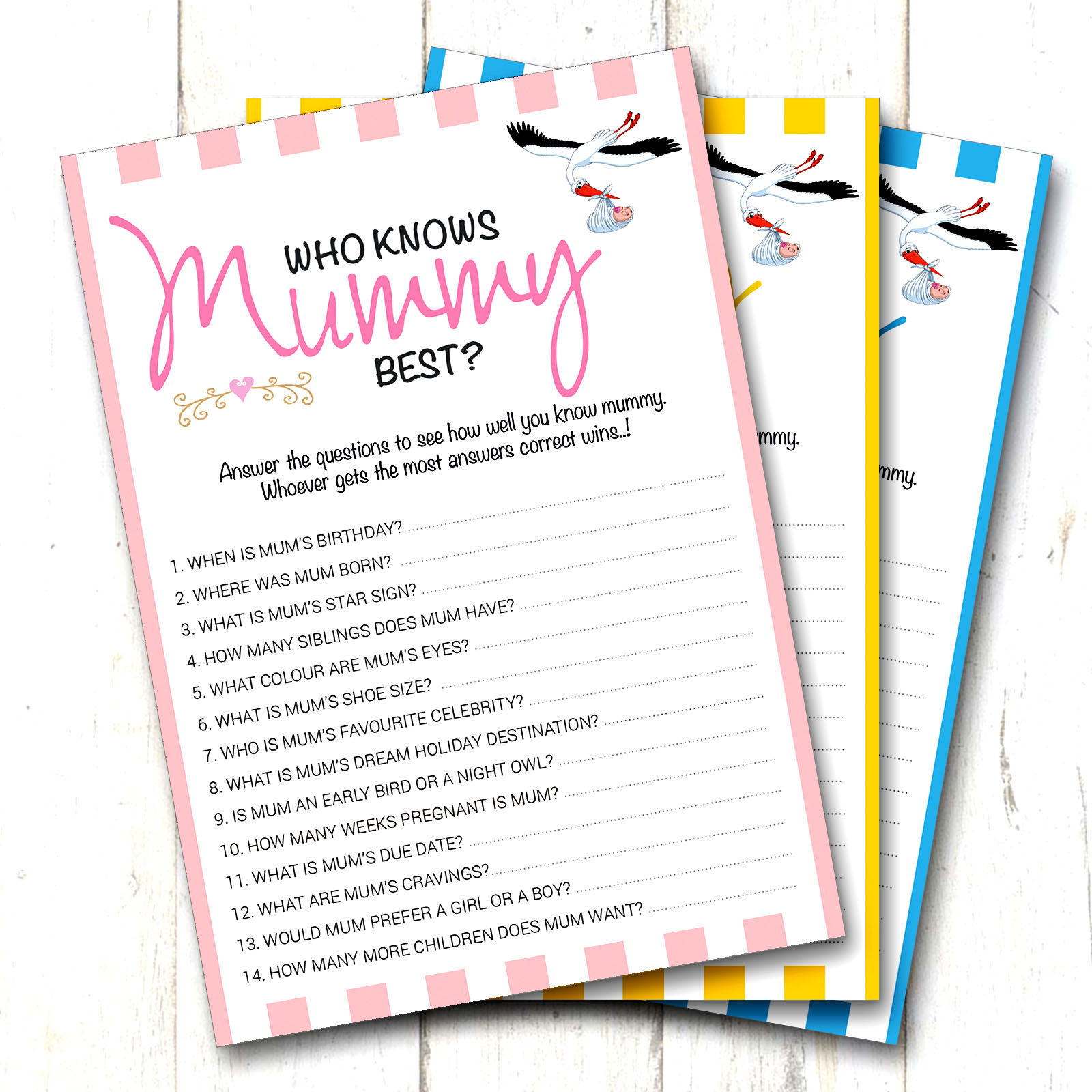 12 Giochi Per Baby Shower – Chi Conosce Meglio La Mamma? Carte Domande Formato A6, Unisex Giallo